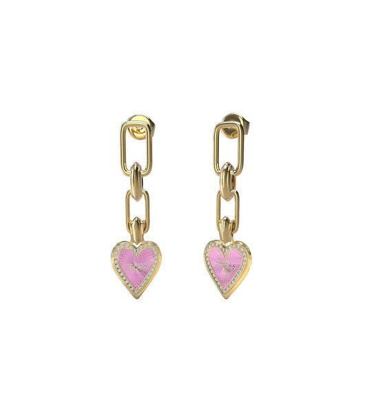 Gold and purple Guess Jewellery earrings, front angle view, showcasing elegant design and vibrant color contrast.