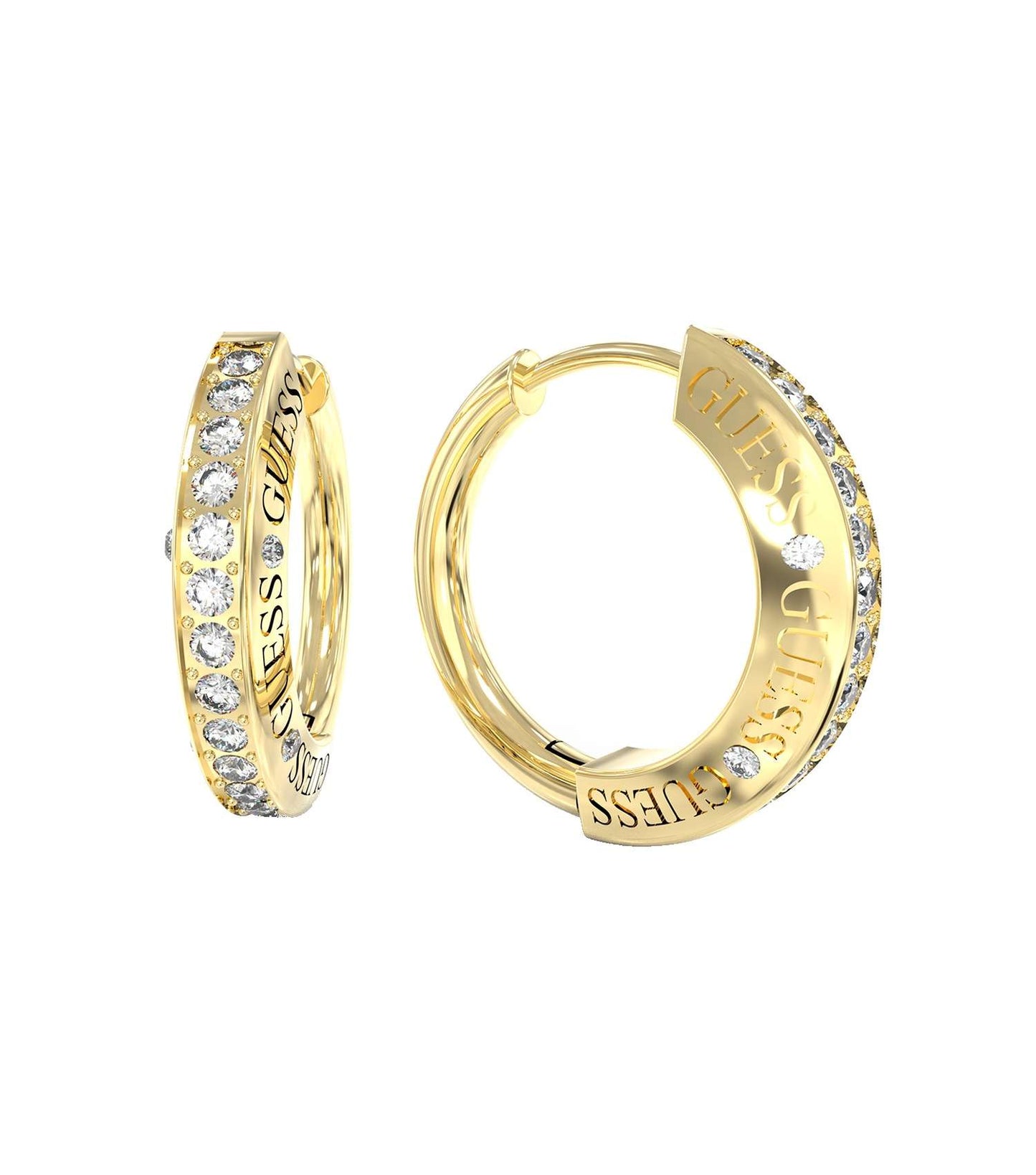 Guess Jewellery gold earrings elegantly displayed at a 45-degree angle, showcasing intricate design and sleek craftsmanship.