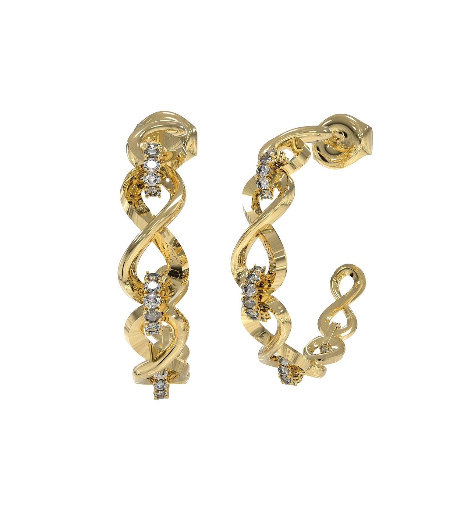 Gold color Guess Jewellery earrings in an elegant front-facing view, showcasing a luxurious and intricate design perfect for style enthusiasts.