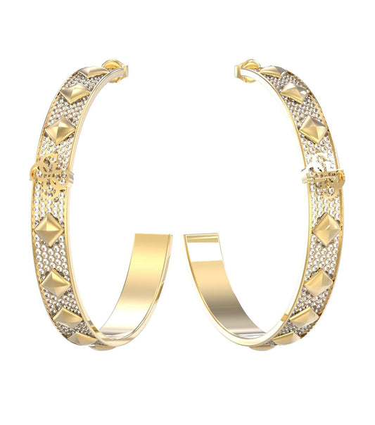  Elegant gold Guess Jewellery earrings, perfect for a chic style, captured at a flattering front angle, showcasing intricate design.