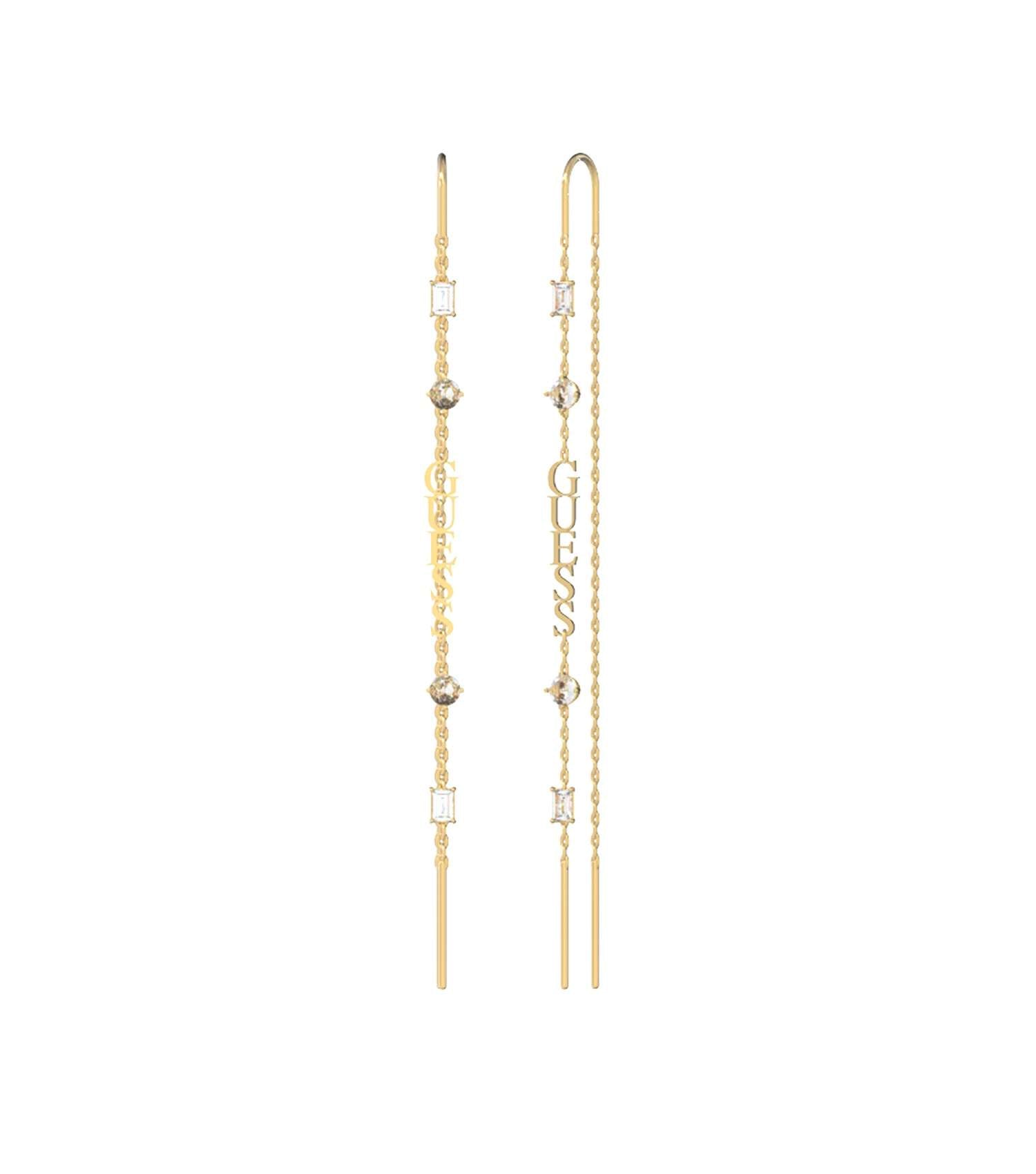 Elegant Guess Jewellery gold earrings with a three-quarter angle, showcasing intricate design and brilliance in golden hue.