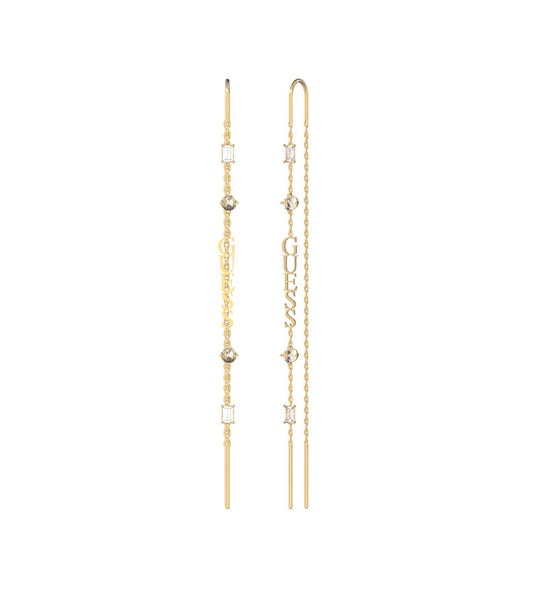 Elegant Guess Jewellery gold earrings with a three-quarter angle, showcasing intricate design and brilliance in golden hue.