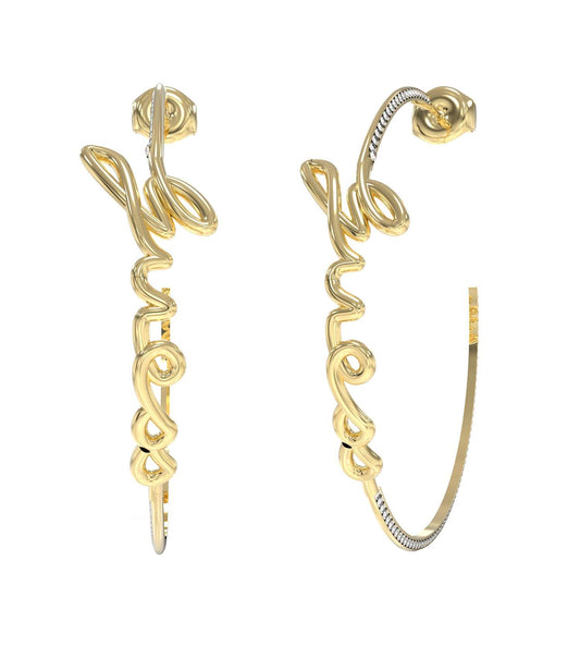 Gold Guess jewellery earrings in a gleaming, smooth hoop design, angled slightly sideways, showcasing luxurious elegance.