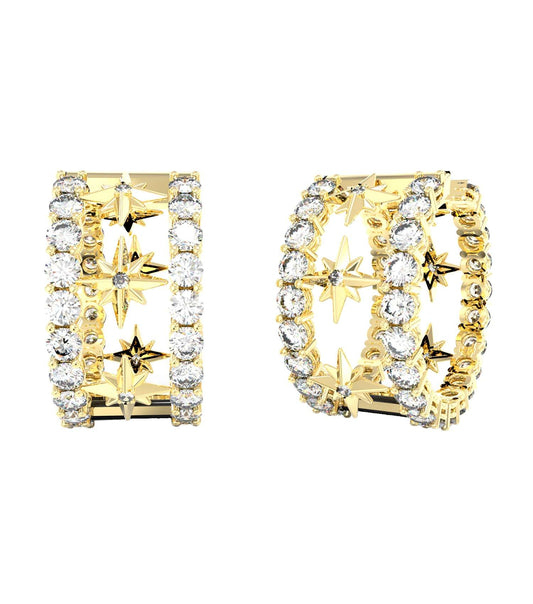 Guess Jewellery gold earrings, side view: Elegant gold tone exudes sophistication, showcasing Guess's passion for timeless style and quality craftsmanship.