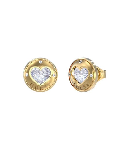 Gold and silver-tone Guess Jewellery earrings, glistening from a front angle, ideal for elegant accessory lovers.