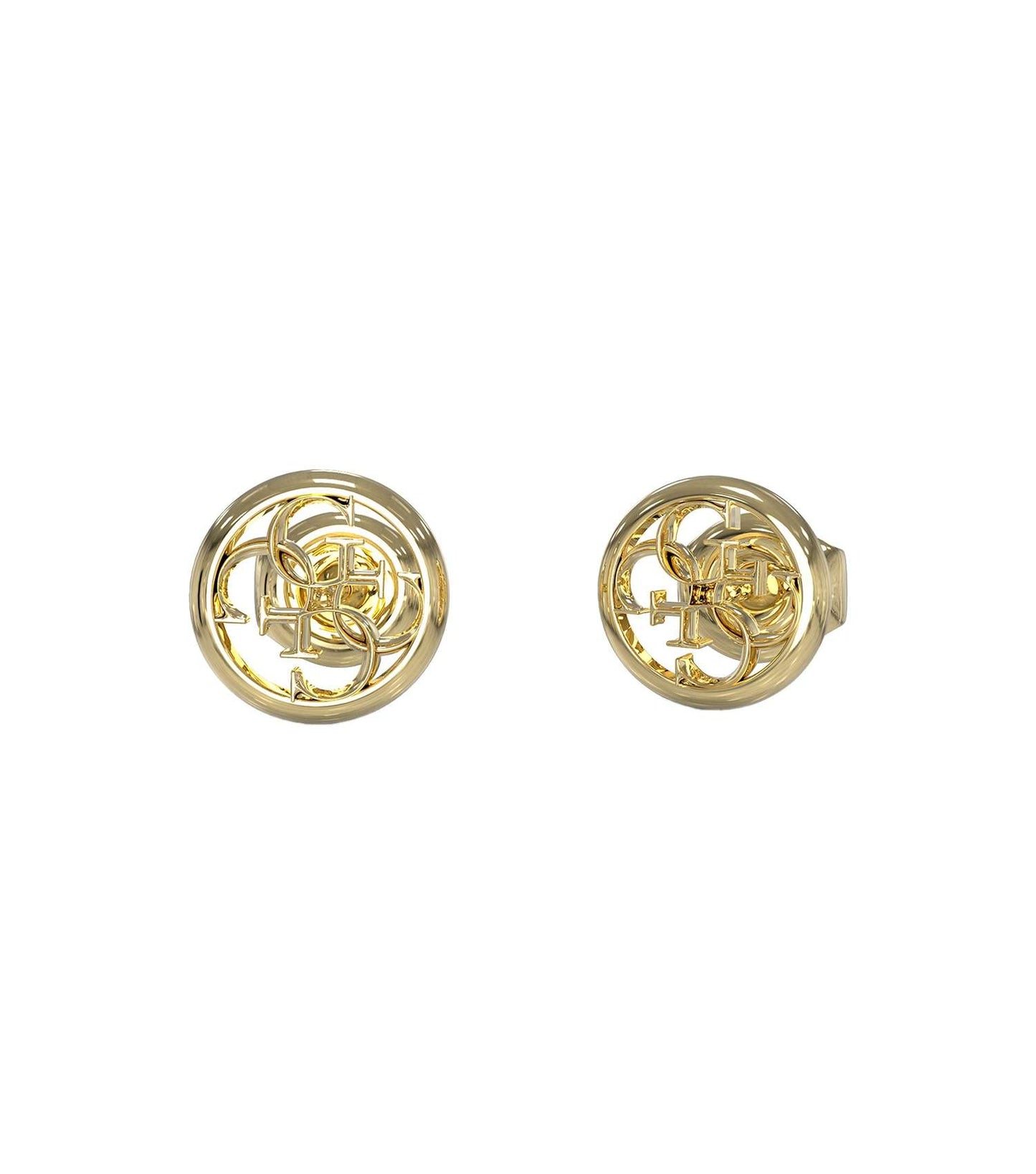 Gold-colored Guess Jewellery earrings with intricate design, artistically angled to showcase elegance and shine in one size option.
