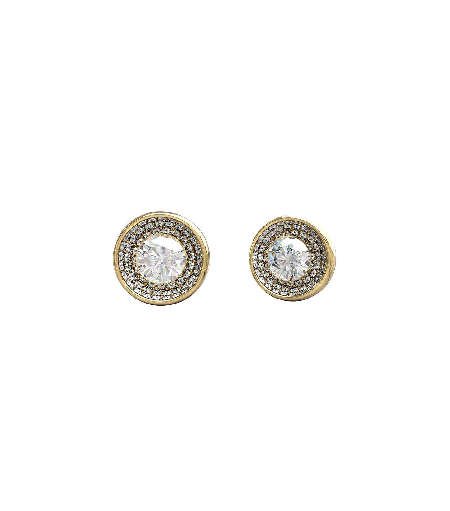 Gold-colored Guess Jewellery earrings showing a close-up side angle; elegant design for fashion-forward style enthusiasts.