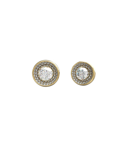Gold-colored Guess Jewellery earrings showing a close-up side angle; elegant design for fashion-forward style enthusiasts.
