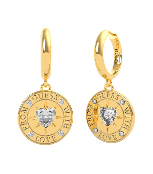 Gold Guess Jewellery earring at a 45-degree angle, showcasing intricate design details and luxurious gold color on a white surface.