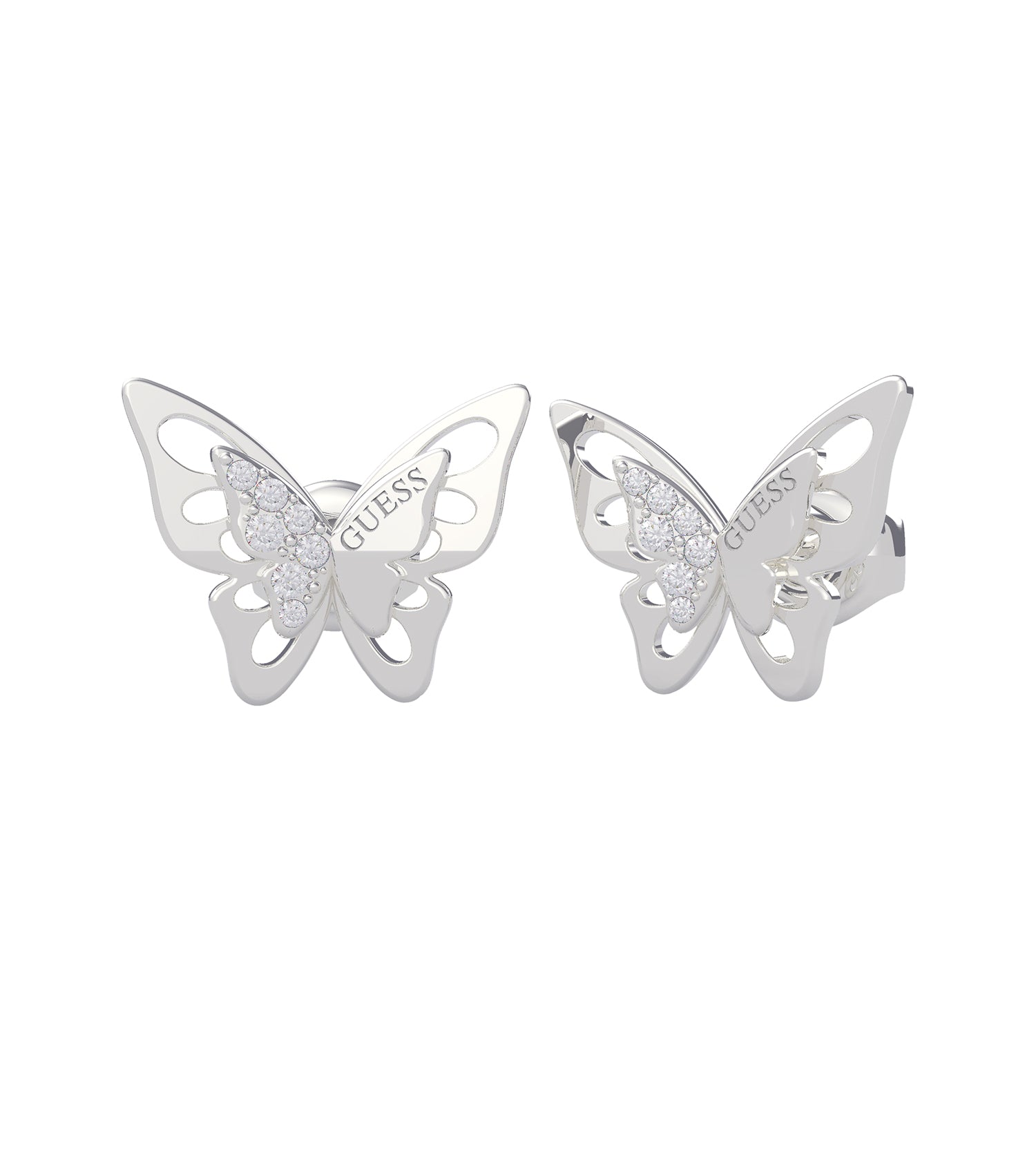 Guess Jewellery silver earring, front view, showcasing intricate design and elegant shine perfect for trendy fashion enthusiasts.