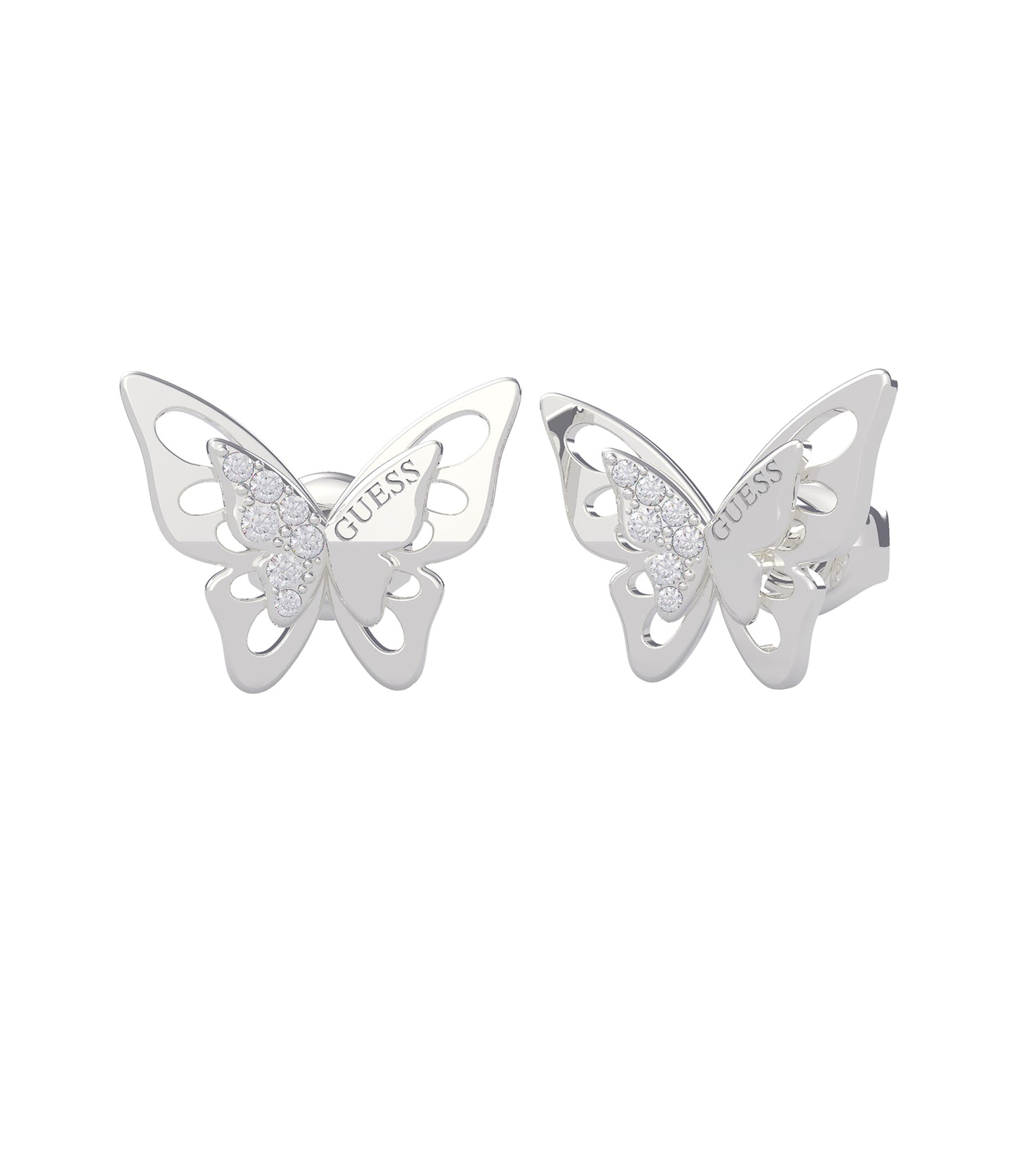 Guess Jewellery silver earring, front view, showcasing intricate design and elegant shine perfect for trendy fashion enthusiasts.