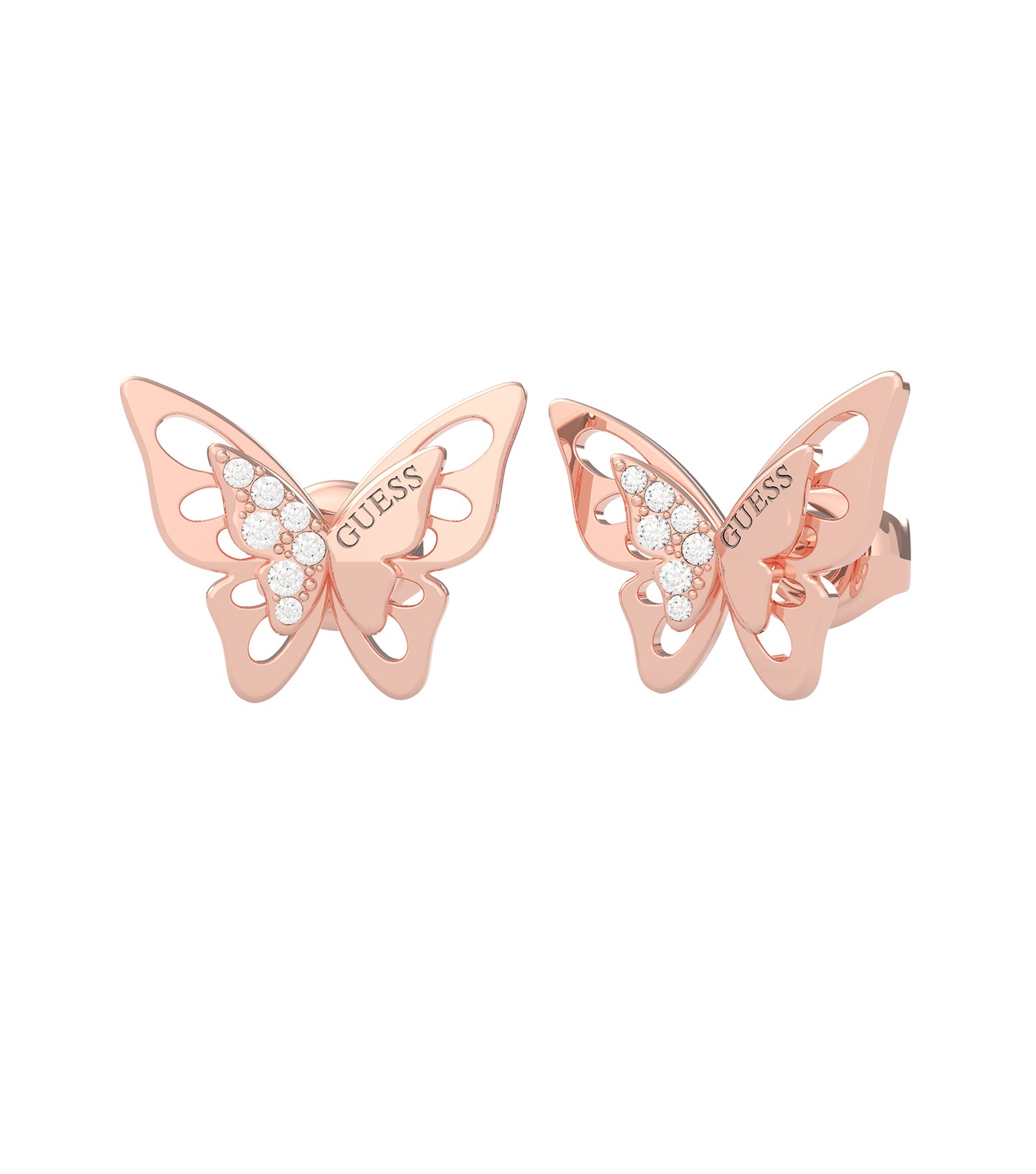 Rose gold Guess Jewellery earring, gracefully angled with sparkling accents, showcasing fine craftsmanship and elegance.