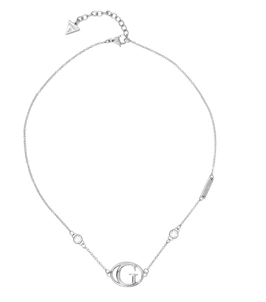 Silver Guess Jewellery necklace with elegant design, laid flat, showcasing intricate details, ideal for enhancing any outfit.