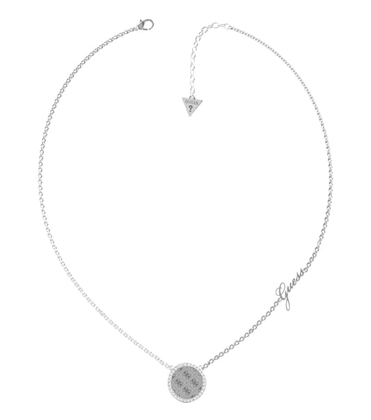 Silver Guess Jewellery necklace, close-up angle, showcasing intricate chain design and elegant charm, perfect for fashion enthusiasts.