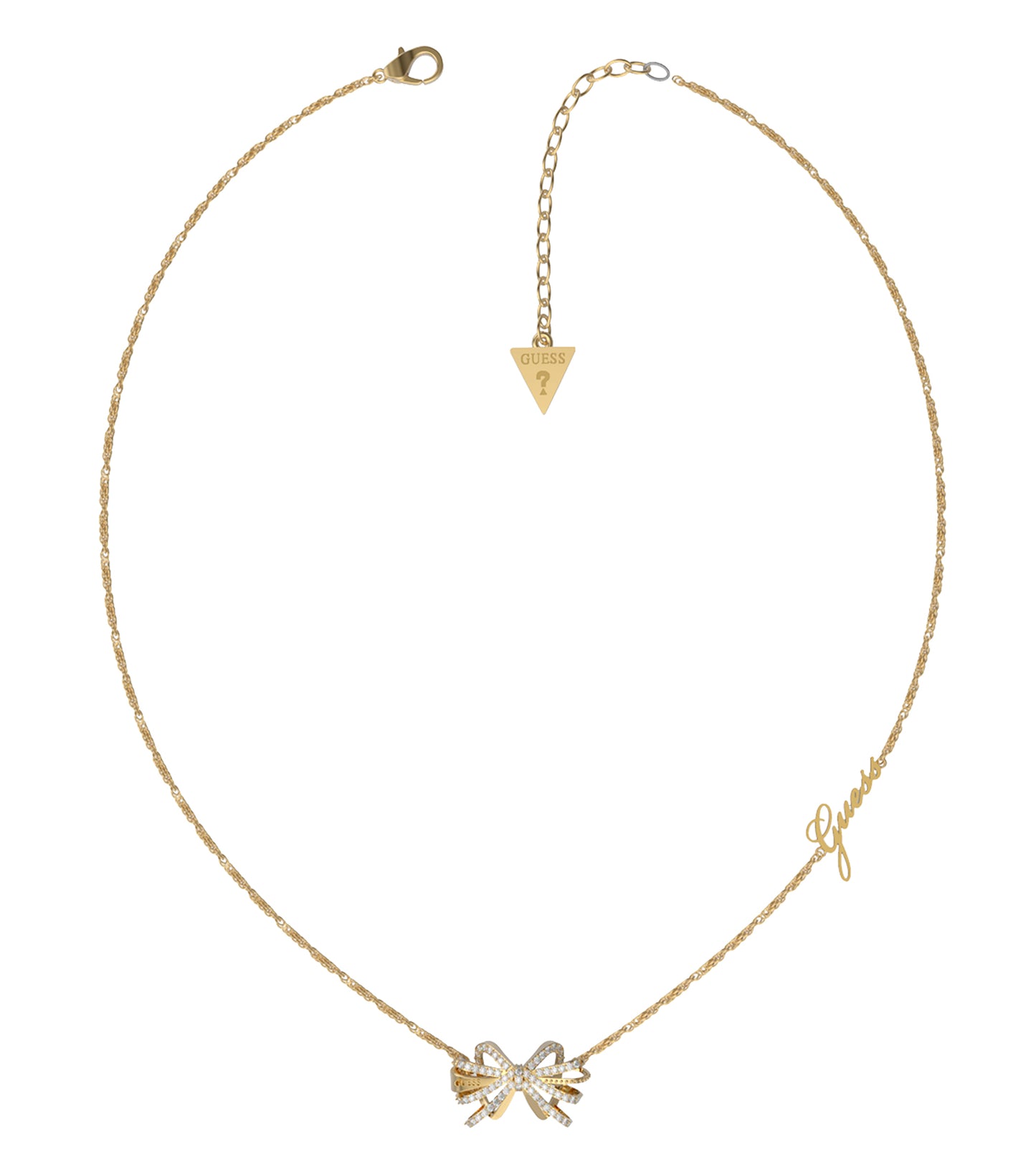 Guess Jewellery exquisite gold necklace showcased at a dramatic angle, highlighting intricate details and the radiant gold hue.