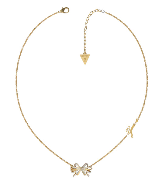 Guess Jewellery exquisite gold necklace showcased at a dramatic angle, highlighting intricate details and the radiant gold hue.