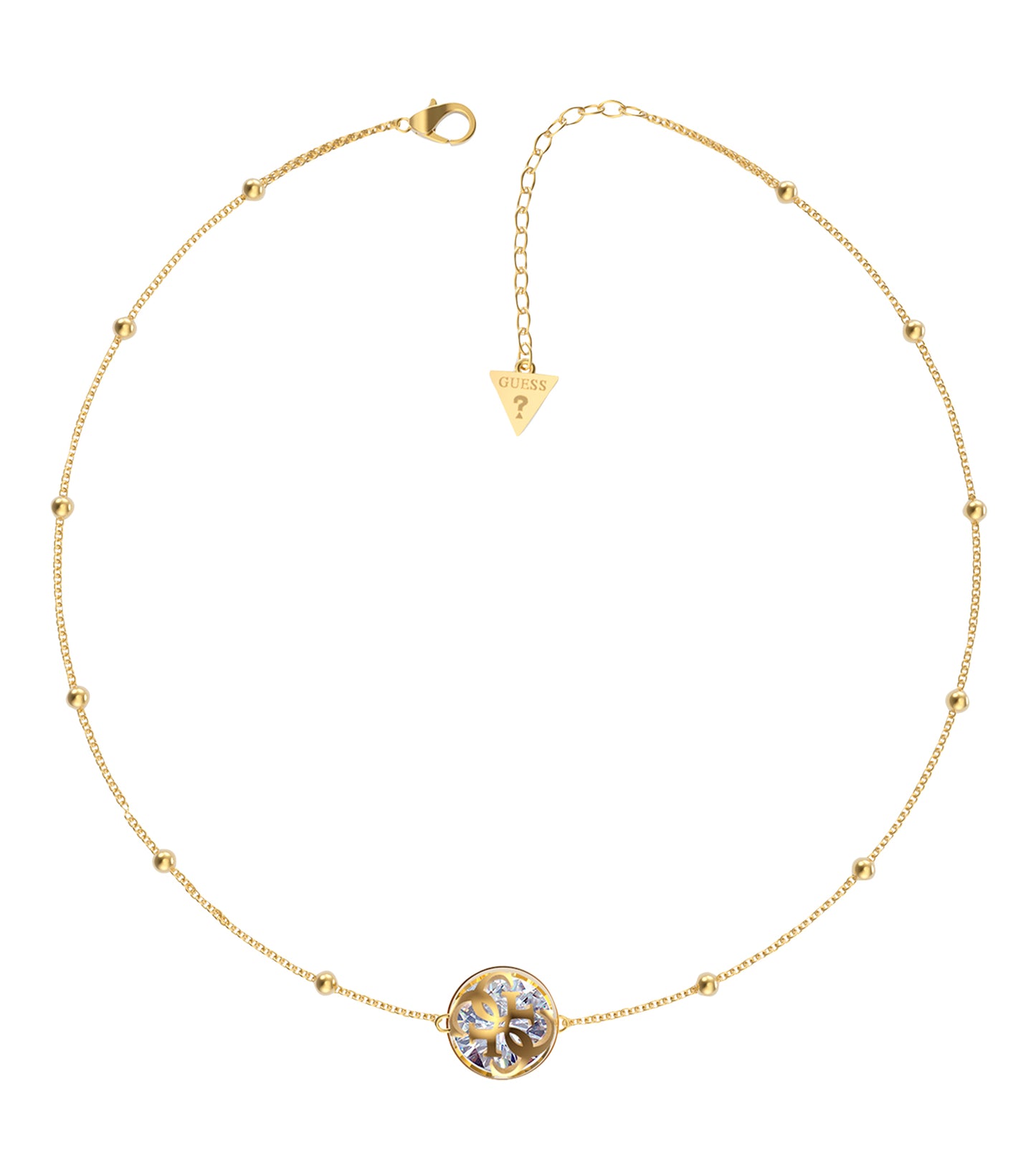 Guess Jewellery gold necklace, beautifully captured at an angle showcasing its elegant chain and sophisticated clasp design.