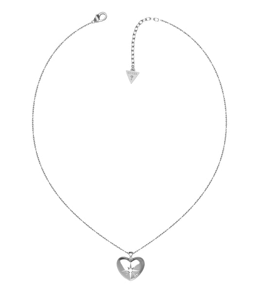 Elegant Guess Jewellery silver necklace, detailed angled view highlighting its gleaming links and chic design against a soft backdrop.