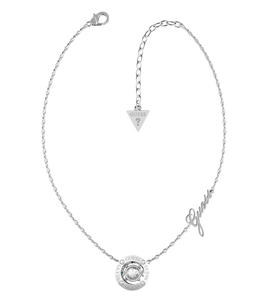 Guess Jewellery silver necklace with a sleek and elegant design, captured at an angled close-up, showcasing its intricate chain detail.