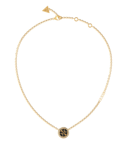  Elegant Guess Jewellery gold necklace at a side angle, showcasing intricate design and shimmering gold tone perfect for fashion enthusiasts.