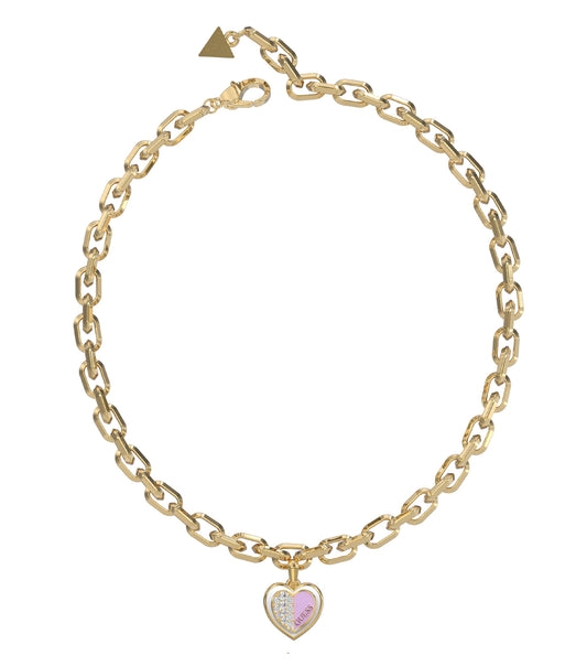 Guess Jewellery gold necklace displayed in a slightly angled view, showcasing its elegant chain design against a white background.