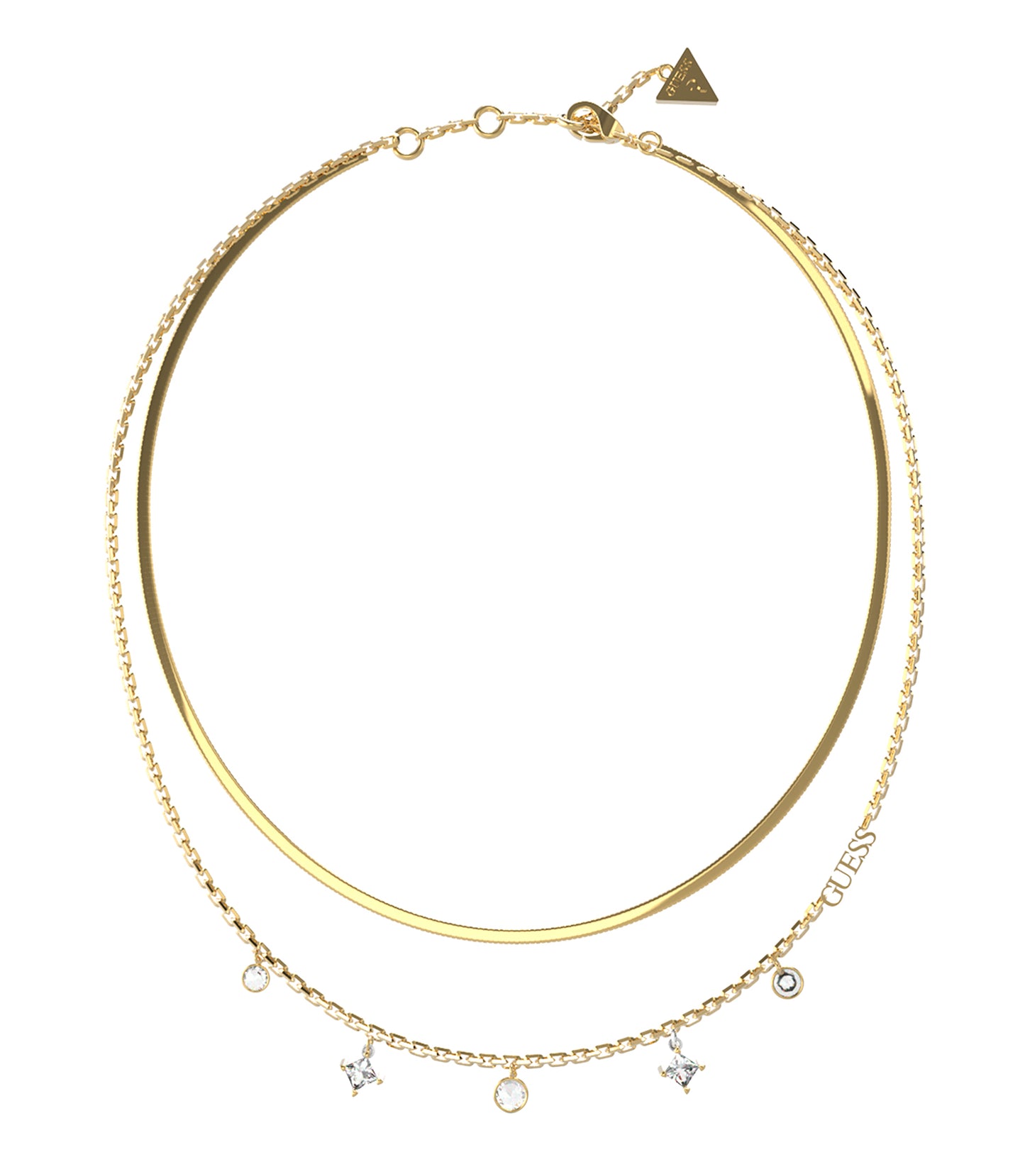 Gold-color Guess Jewellery necklace gracefully captured at a frontal angle, showcasing intricate chain design and polished finish.