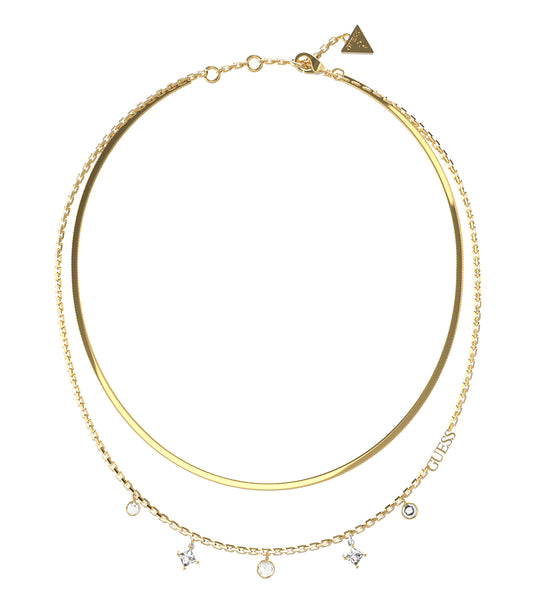 Gold-color Guess Jewellery necklace gracefully captured at a frontal angle, showcasing intricate chain design and polished finish.