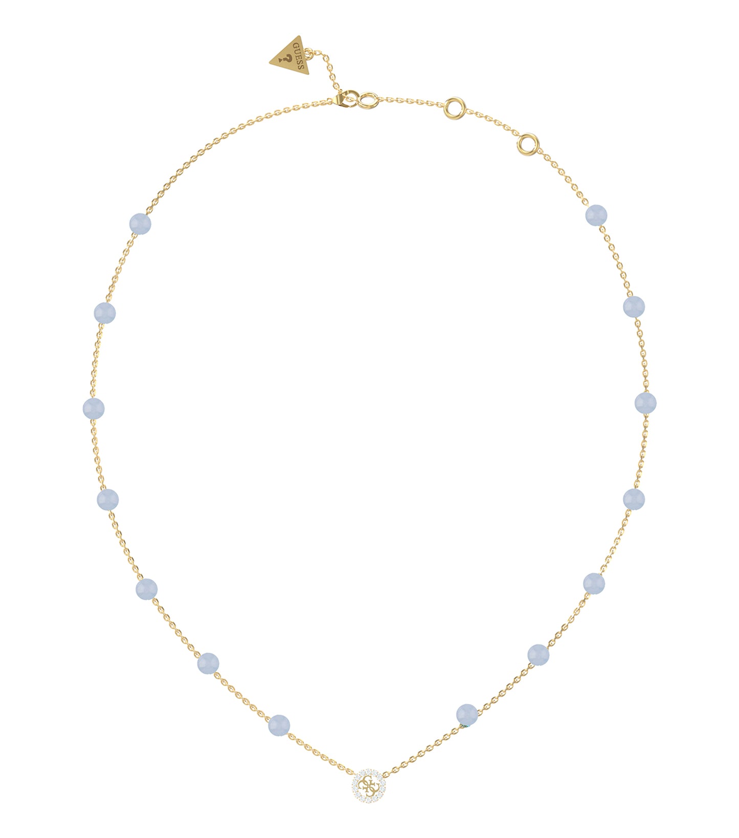Guess Jewellery elegant gold necklace with heart-shaped pendant, photographed from a front angle, showcasing sleek and timeless design.