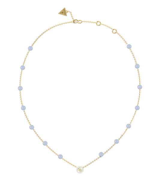 Guess Jewellery elegant gold necklace with heart-shaped pendant, photographed from a front angle, showcasing sleek and timeless design.