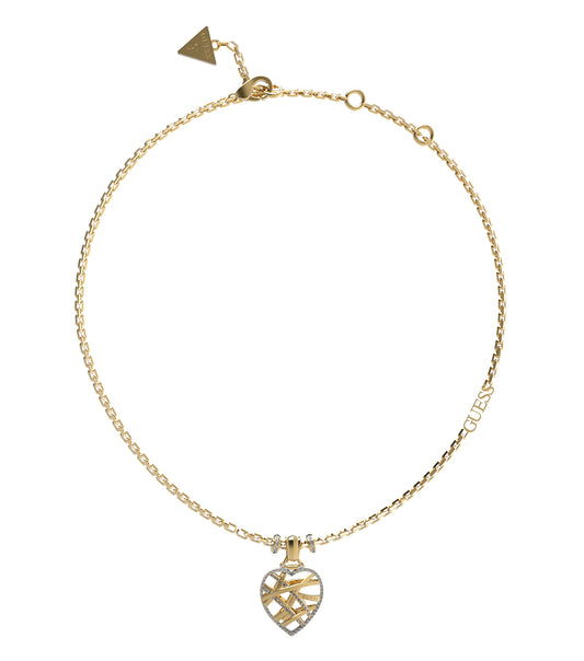 Gold Guess Jewellery necklace, showcasing a stunning front angle, highlights intricate details and shimmering elegance.
