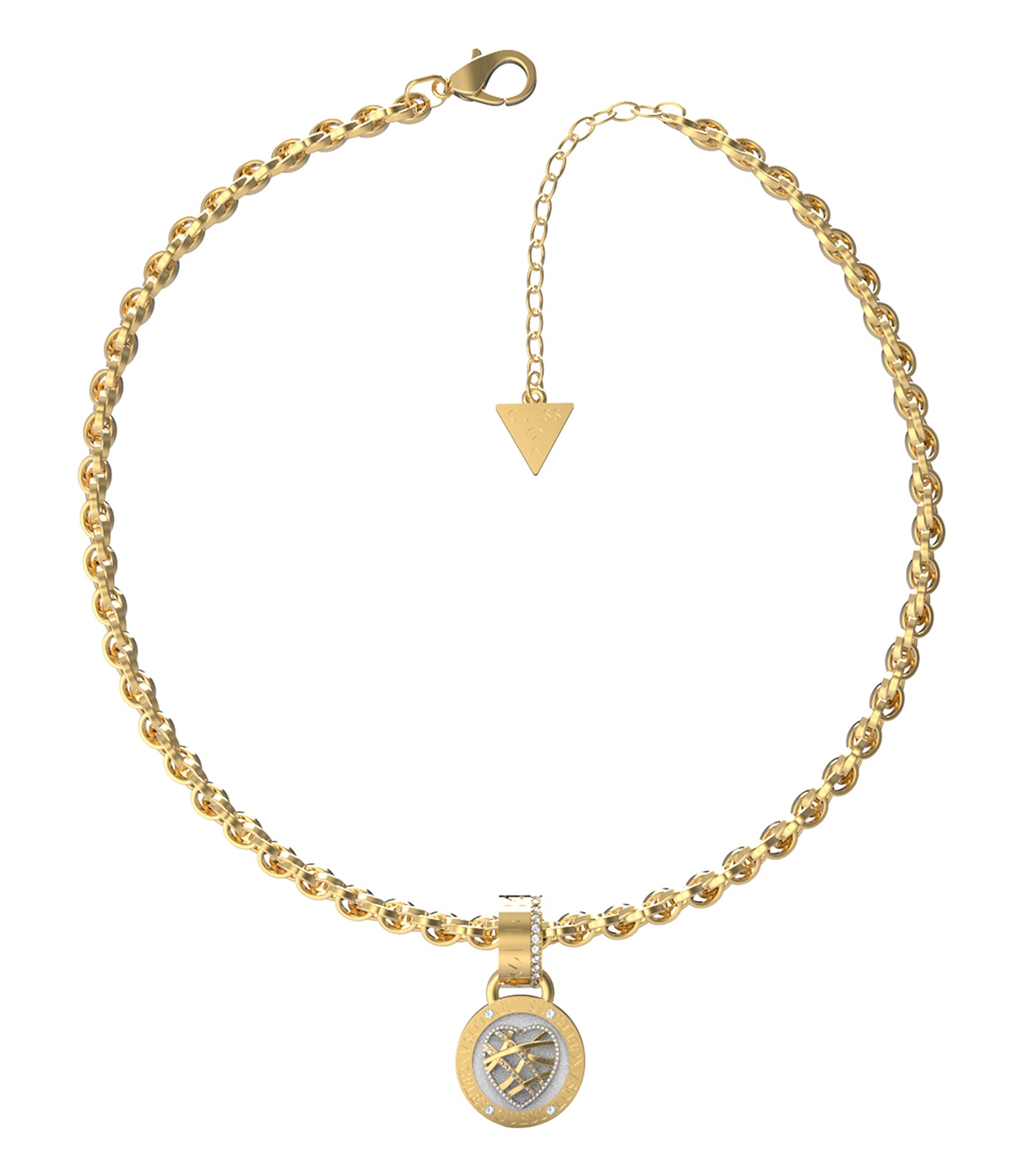 Elegant gold Guess Jewellery necklace, close-up angle showcasing intricate chain details and sleek, luxurious finish against a soft background.