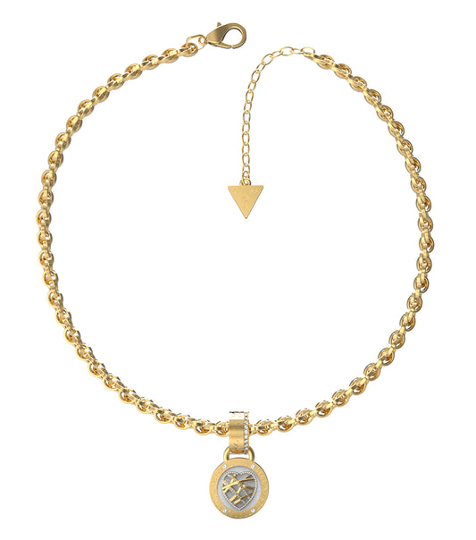 Elegant gold Guess Jewellery necklace, close-up angle showcasing intricate chain details and sleek, luxurious finish against a soft background.