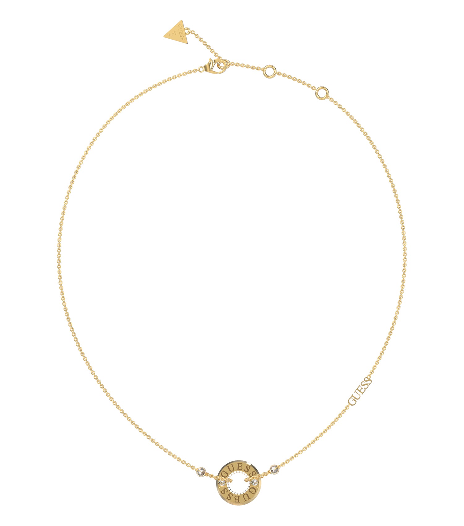 Gold-colored necklace by Guess Jewellery, elegantly displayed at a close-up angle, showcasing intricate chain details for a sophisticated touch.