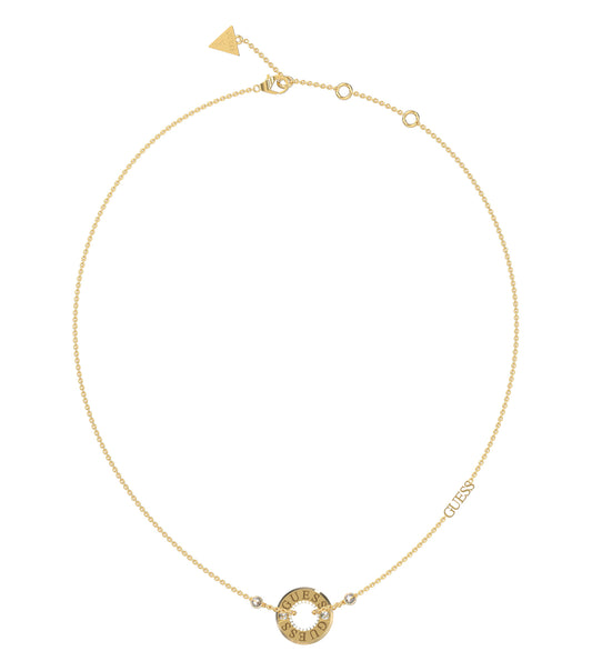 Gold-colored necklace by Guess Jewellery, elegantly displayed at a close-up angle, showcasing intricate chain details for a sophisticated touch.