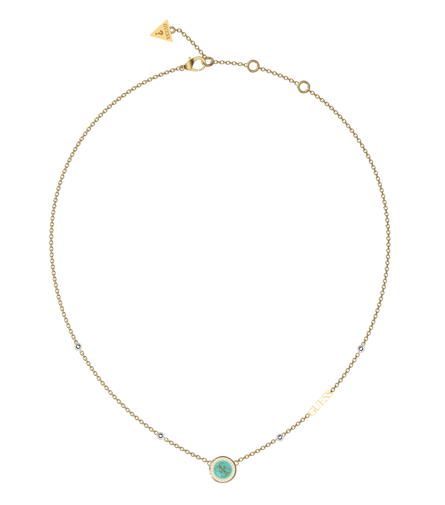 Elegant Guess Jewellery gold necklace with aqua accents, showcased at a slight left angle, highlighting its intricate design and luxurious appeal.