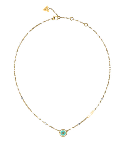 Elegant Guess Jewellery gold necklace with aqua accents, showcased at a slight left angle, highlighting its intricate design and luxurious appeal.