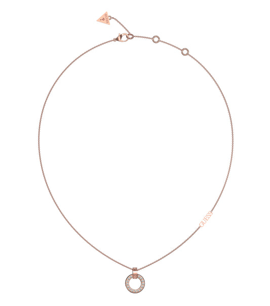 Rose Gold Guess Jewellery necklace, elegantly angled at 18 degrees, showcases a refined pendant design with delicate chain links.