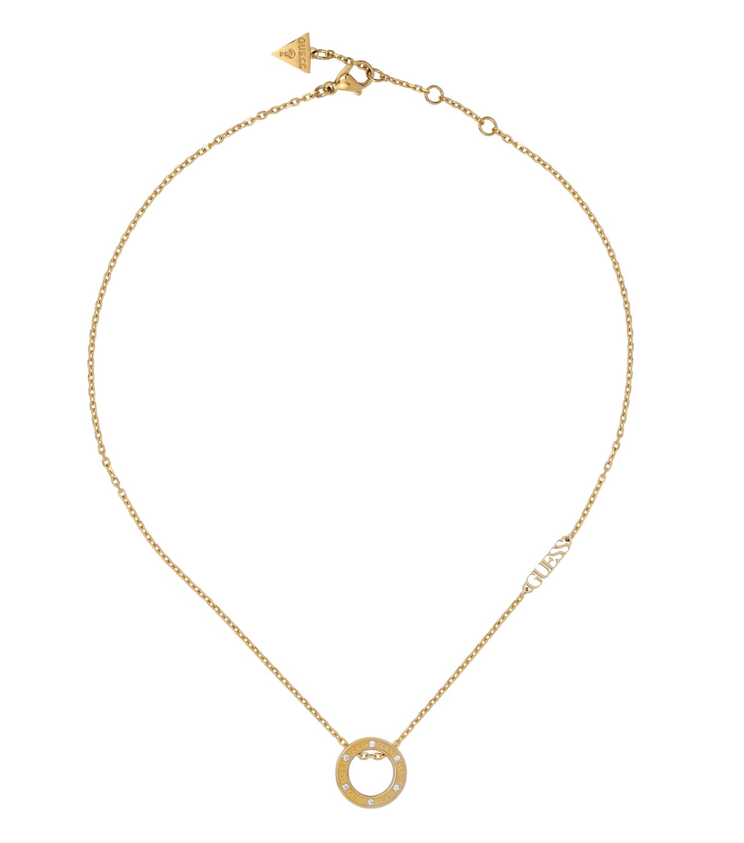 Guess Jewellery gold color necklace showcased at an elegant angle, highlighting its luxe and sophisticated design.
