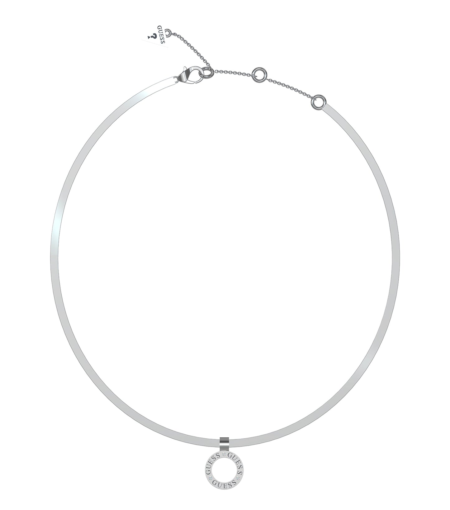Silver Guess Jewellery necklace displayed at an elegant angle, showcasing intricate details and modern design.