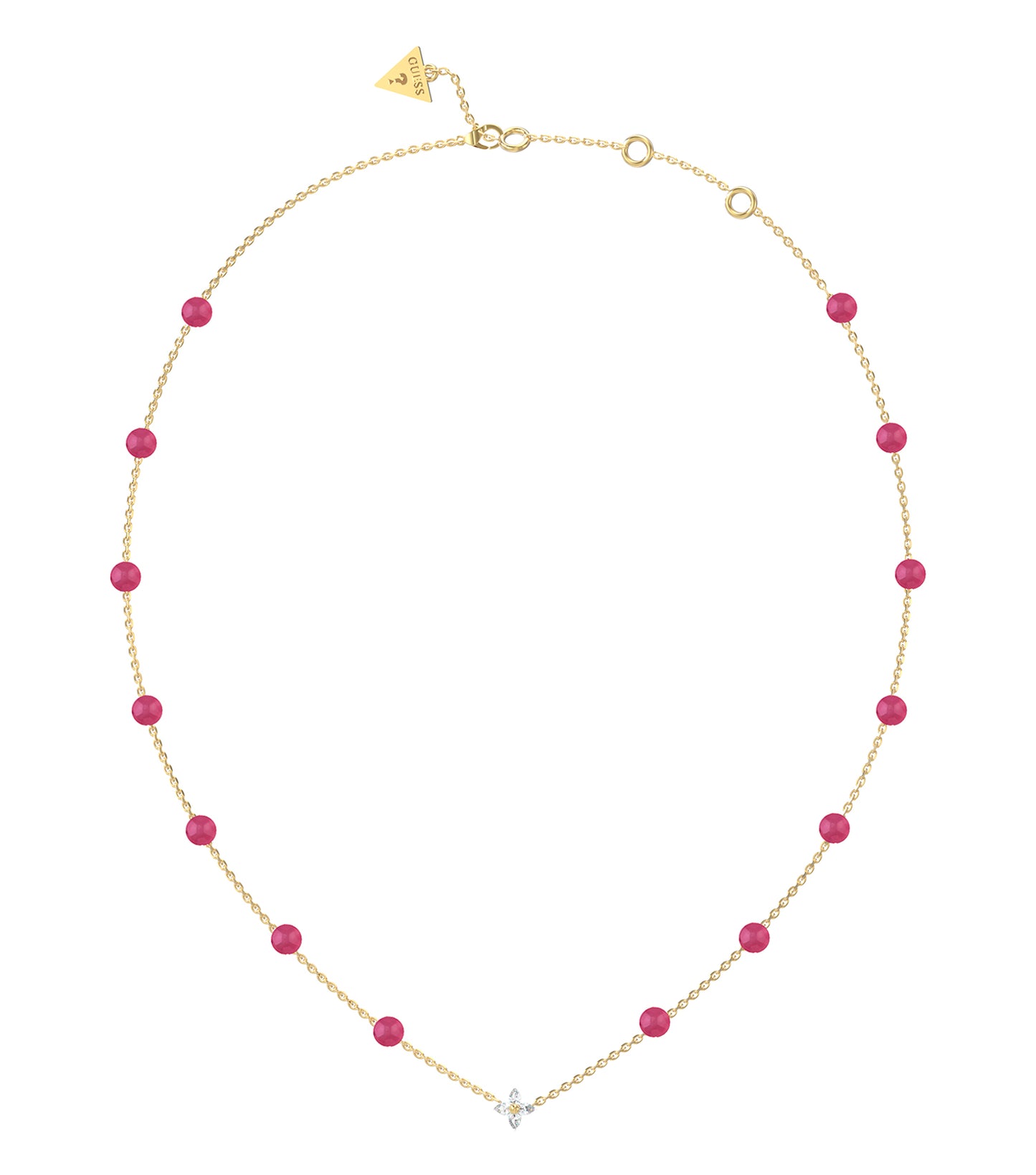 Elegant gold Guess Jewellery necklace photographed at a slight angle, showcasing its intricate design and luxurious shine.