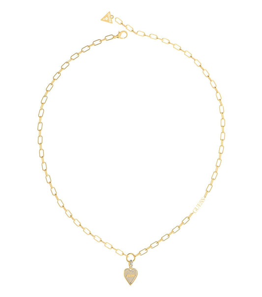 Guess Jewellery gold necklace with elegant design displayed flat and centered, showcasing intricate details and classic charm.