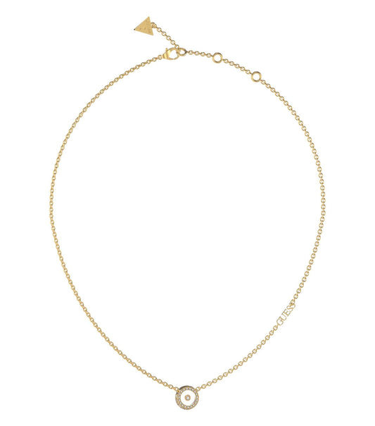 Gold-tone Guess Jewellery necklace elegantly displayed at a frontal angle, showcasing its exquisite shine and sleek design.