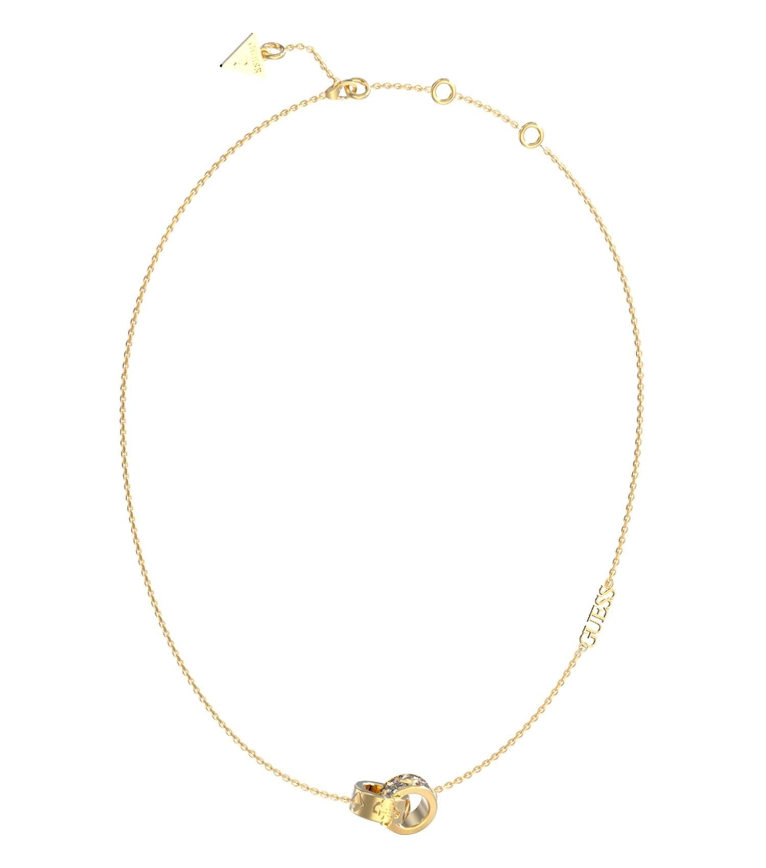 Gold-toned Guess Jewellery necklace elegantly displayed; frontal angle showcasing the intricate chain and polished pendant.
