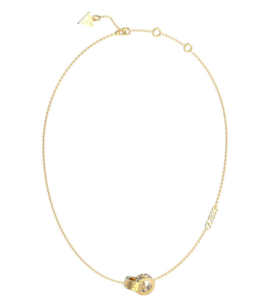 Gold-toned Guess Jewellery necklace elegantly displayed; frontal angle showcasing the intricate chain and polished pendant.