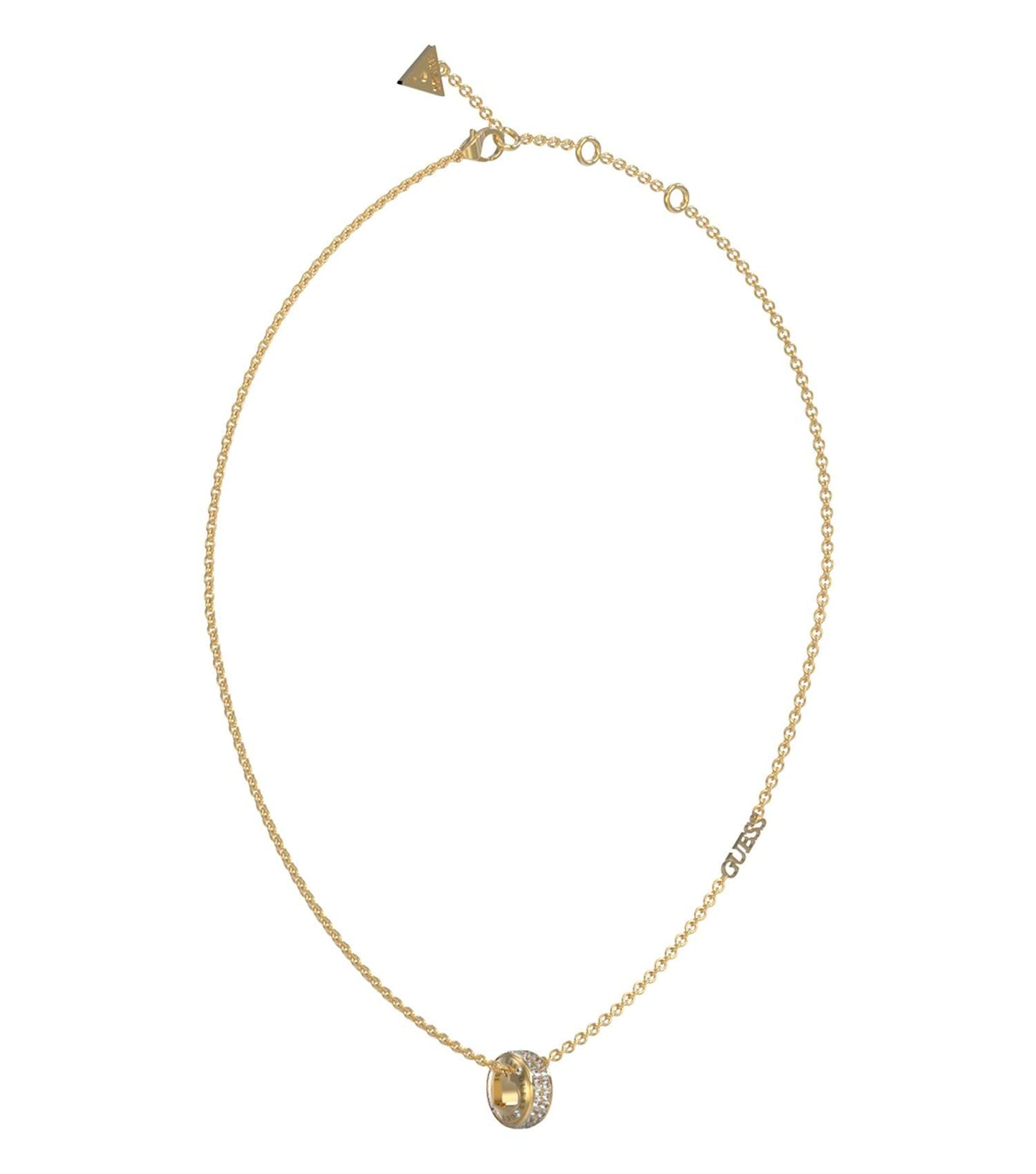 Guess Jewellery gold necklace displayed flat against a white background; single angle showcasing intricate chain details, exuding elegance.