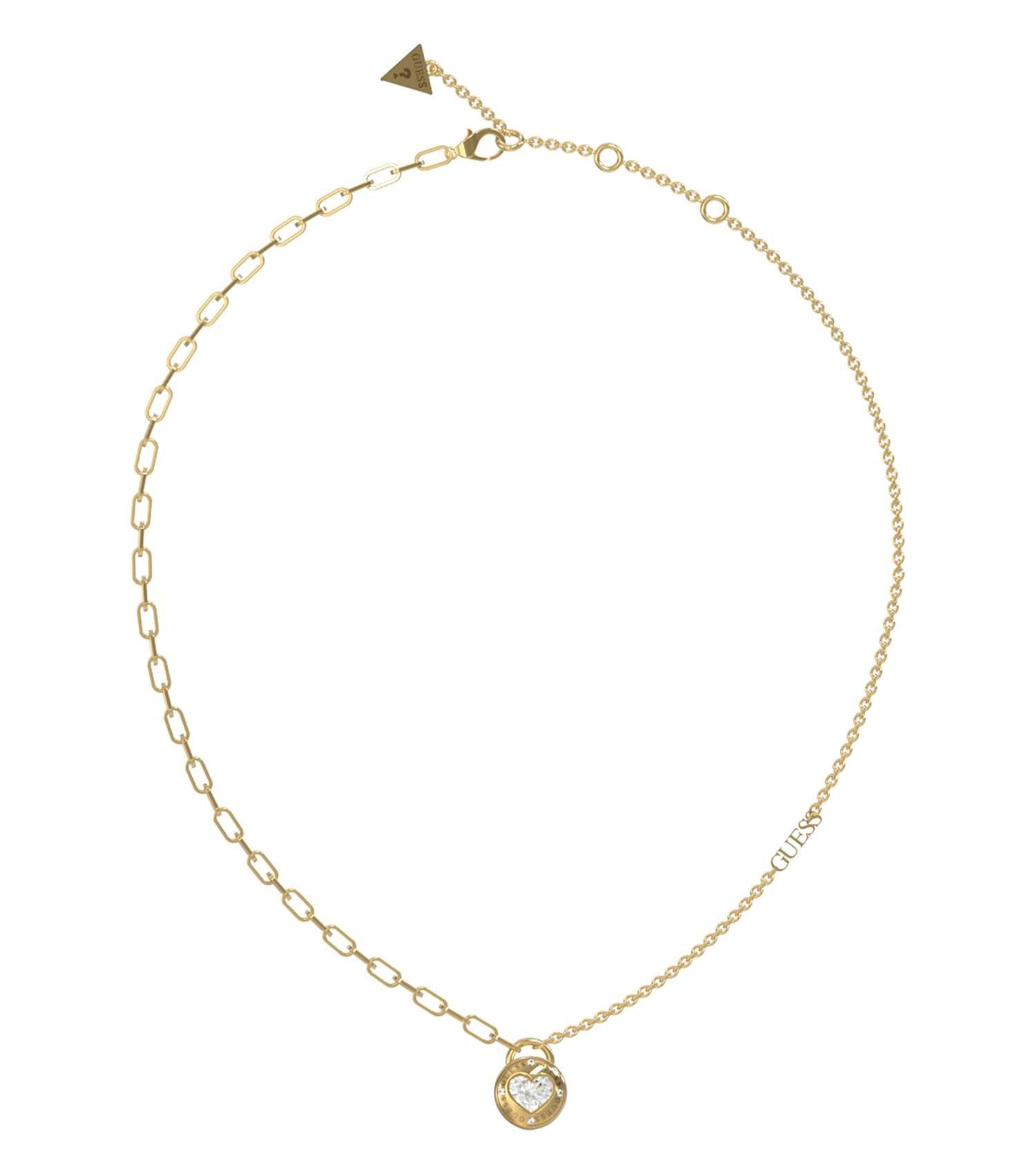 Elegant Guess Jewellery necklace in shimmering gold, featuring a delicate chain and pendant, displayed at a frontal angle.