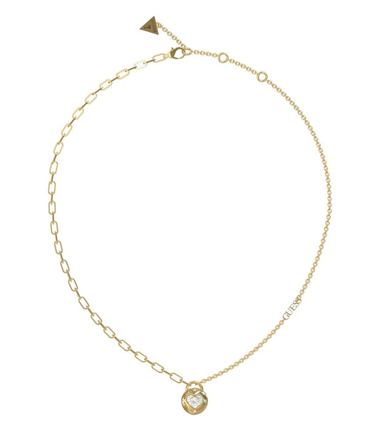 Elegant Guess Jewellery necklace in shimmering gold, featuring a delicate chain and pendant, displayed at a frontal angle.