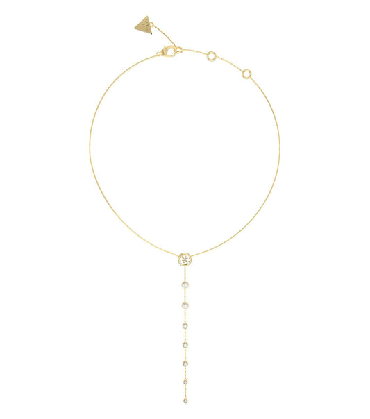 Gold Guess Jewellery necklace with detailed design, captured from a frontal angle, showcasing intricate chain links and elegant shine.