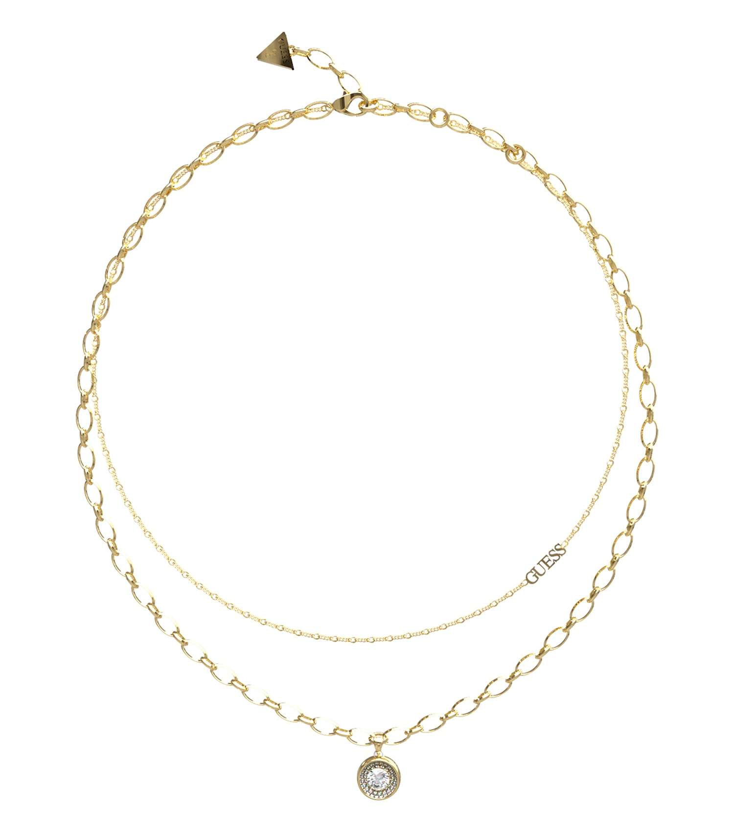 Guess Jewellery gold necklace, front-facing, showing elegant chain design and delicate pendant, iconic for showcasing timeless style.