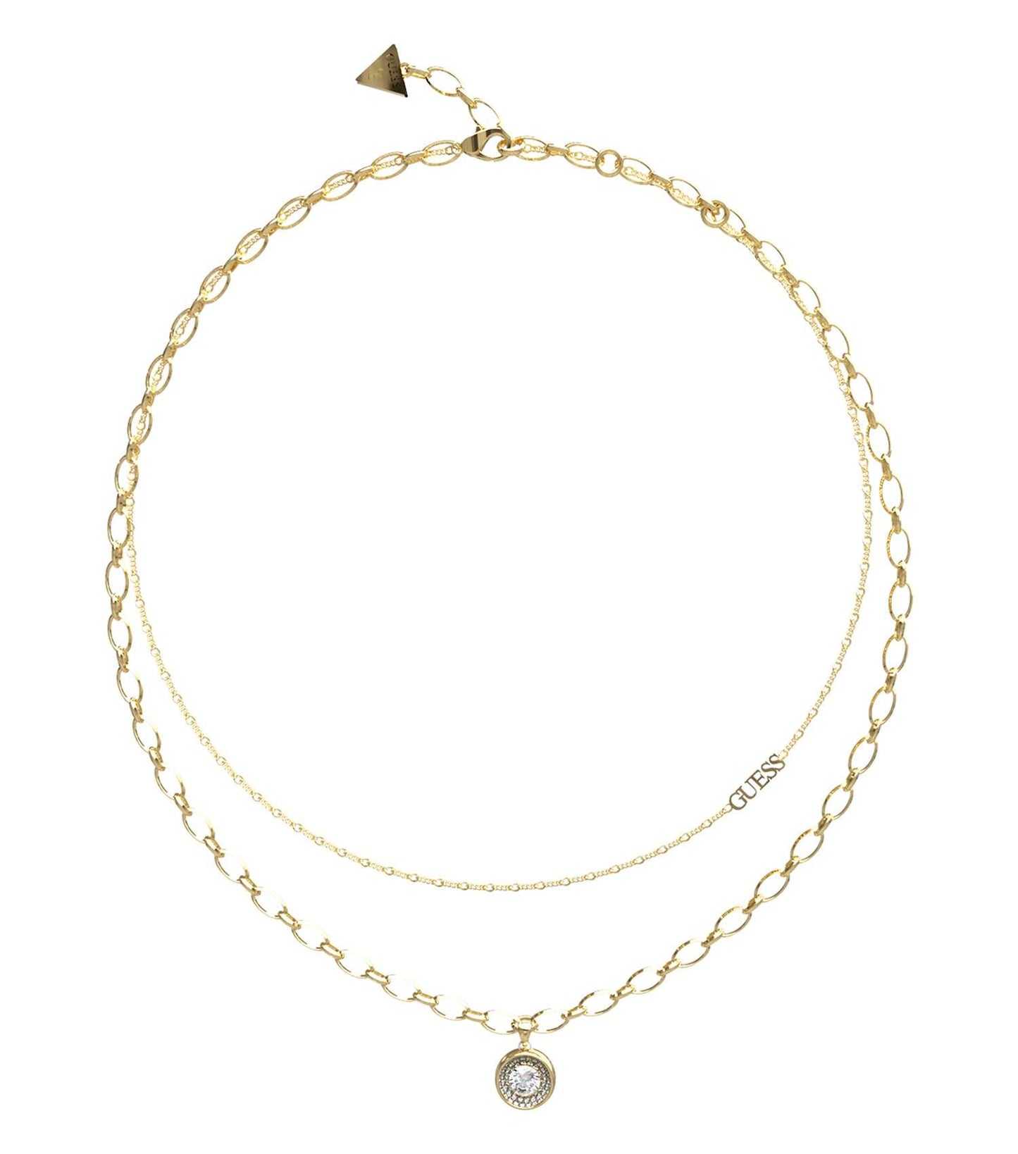 Guess Jewellery gold necklace, front-facing, showing elegant chain design and delicate pendant, iconic for showcasing timeless style.